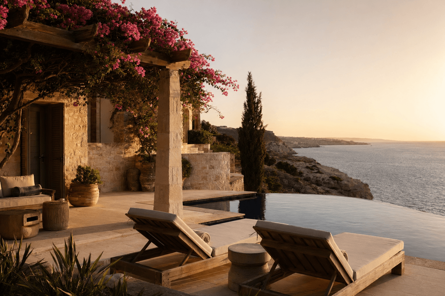 A sunlit private terrace overlooking the Mediterranean coast in Cyprus
